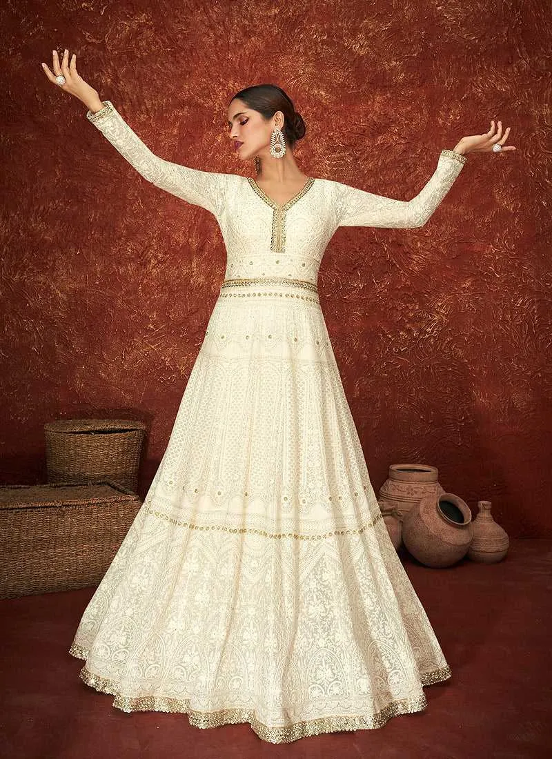 White and Gold Gown Style Embroidered Anarkali Suit