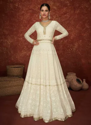 White and Gold Gown Style Embroidered Anarkali Suit