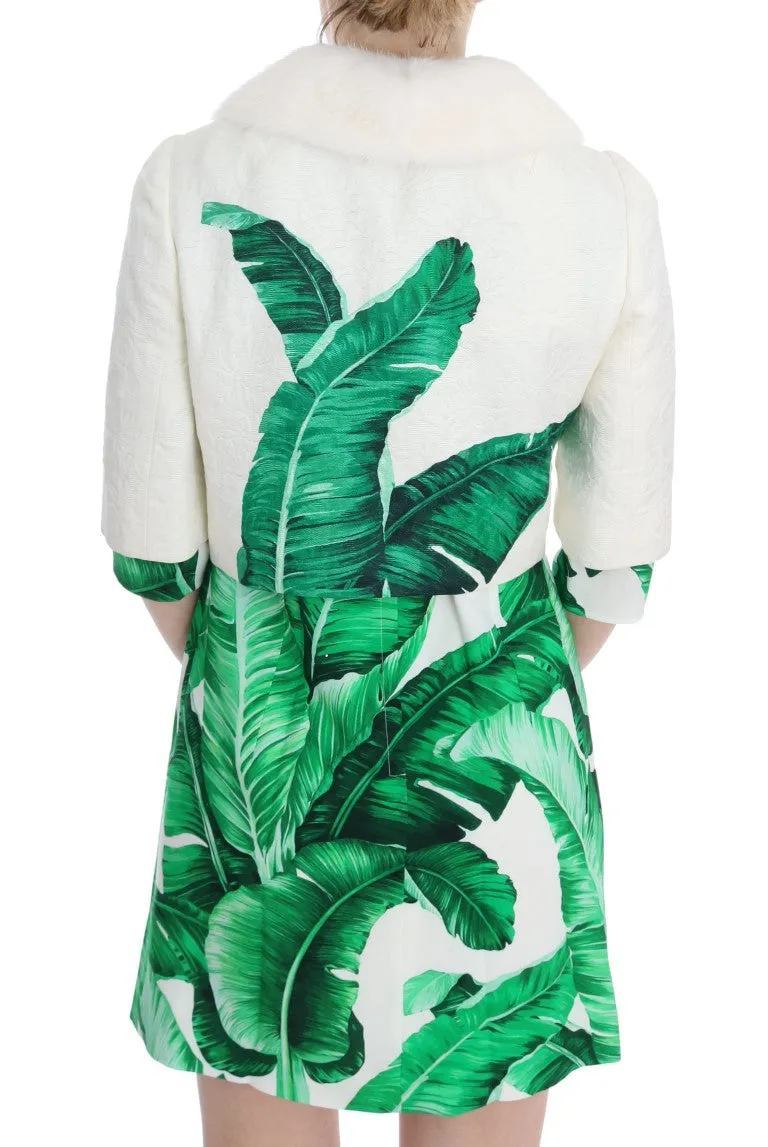 White Brocade Banana Leaf Fur Bolero Jacket