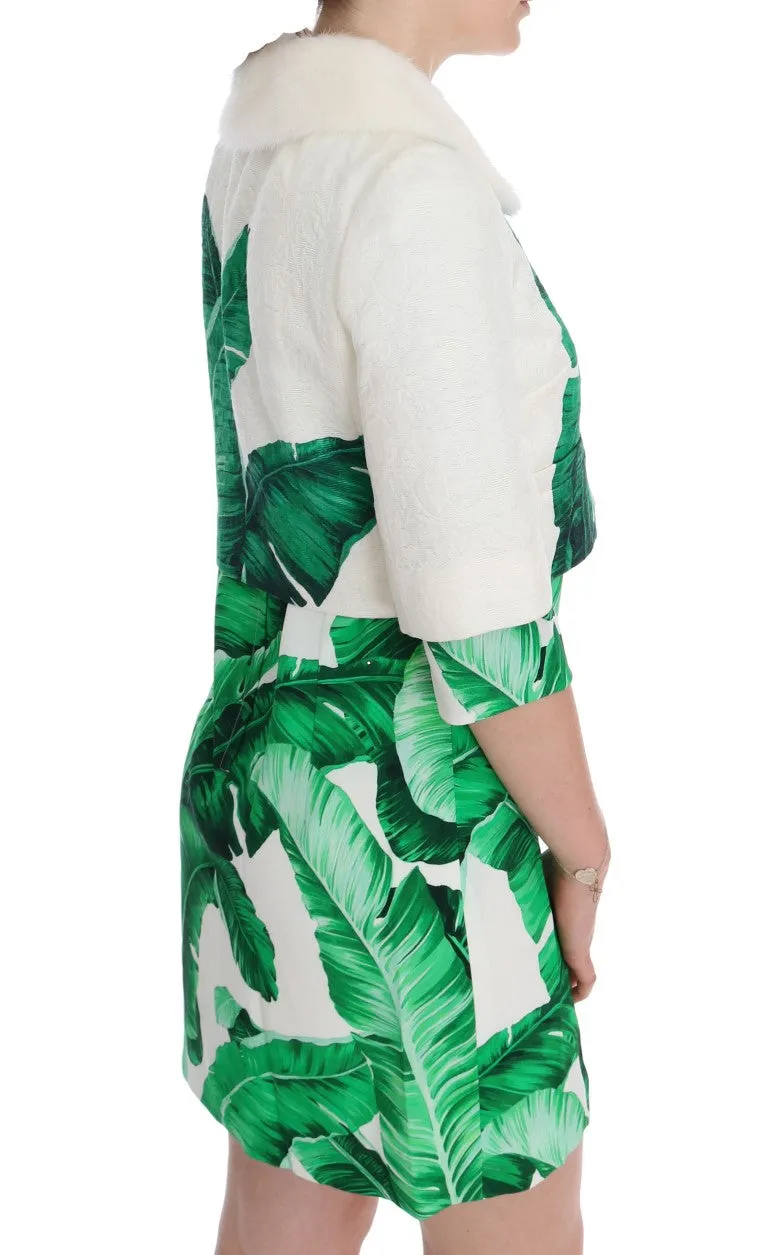White Brocade Banana Leaf Fur Bolero Jacket