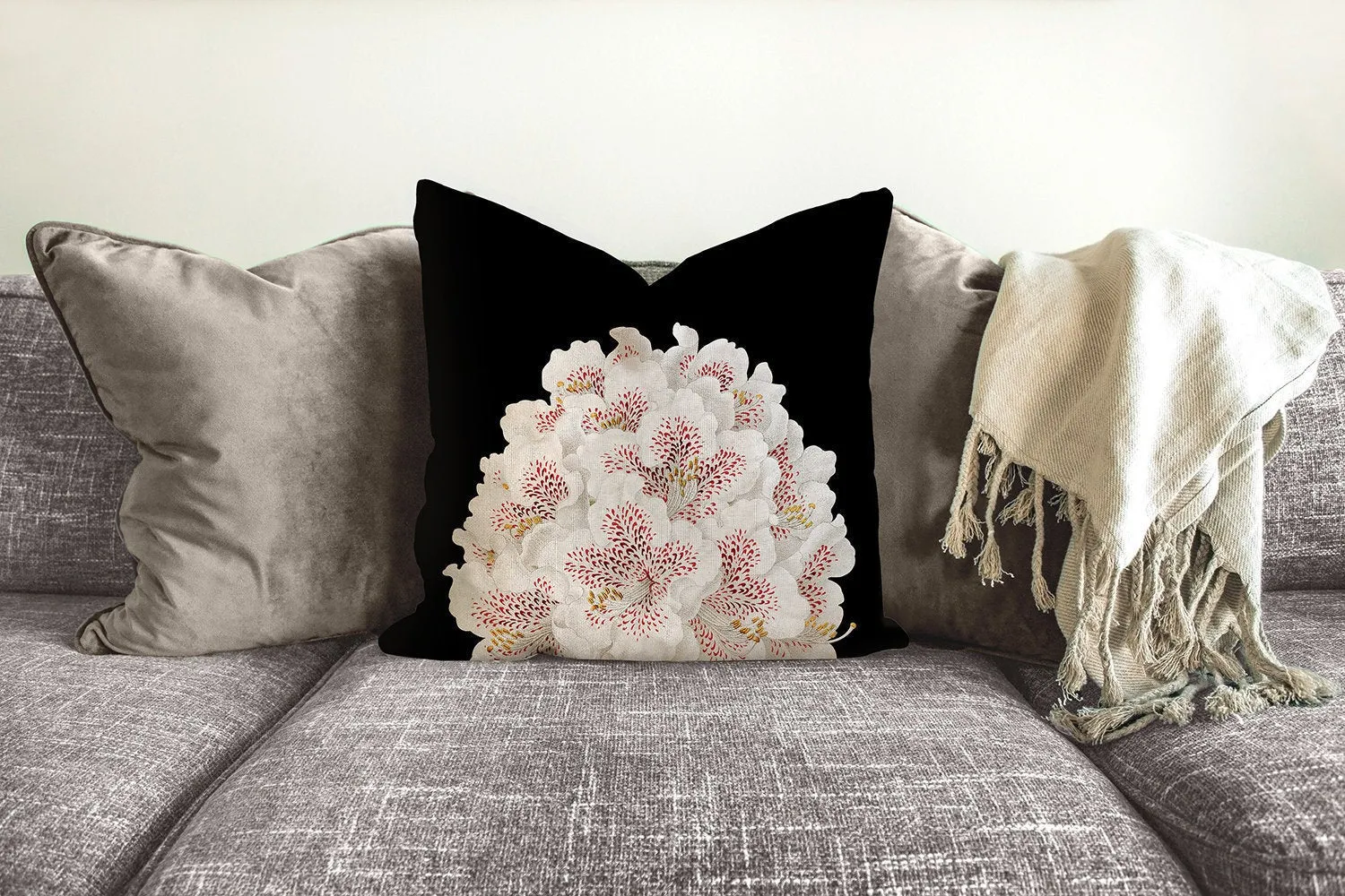 White flowers throw pillow, floral pillow, Interior decor, home decor, pillow cover and insert, botanical decor, tropical decor black pillow