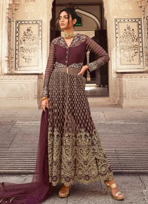 Wine Heavy Embroidered Lehenga/Pant Style Anarkali