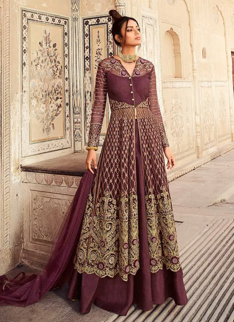 Wine Heavy Embroidered Lehenga/Pant Style Anarkali