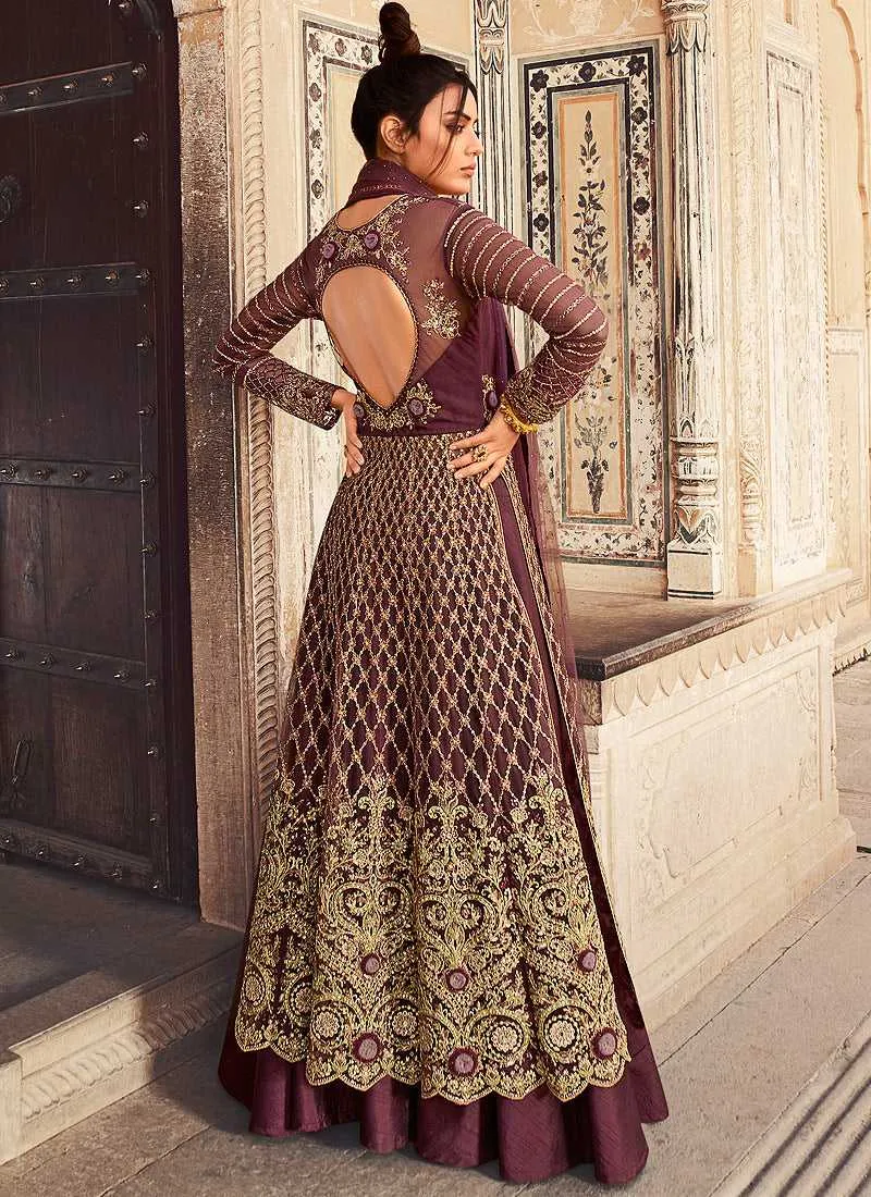 Wine Heavy Embroidered Lehenga/Pant Style Anarkali