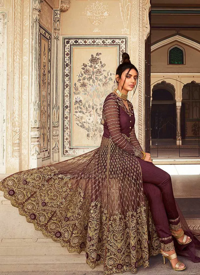 Wine Heavy Embroidered Lehenga/Pant Style Anarkali