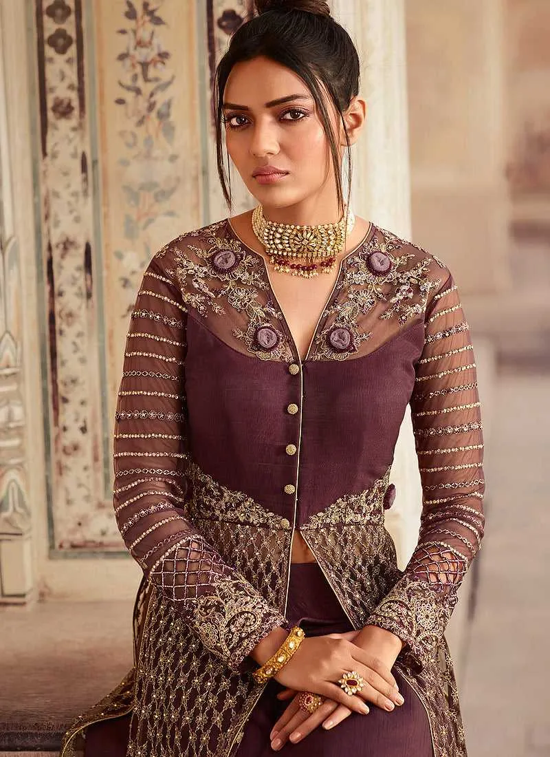 Wine Heavy Embroidered Lehenga/Pant Style Anarkali