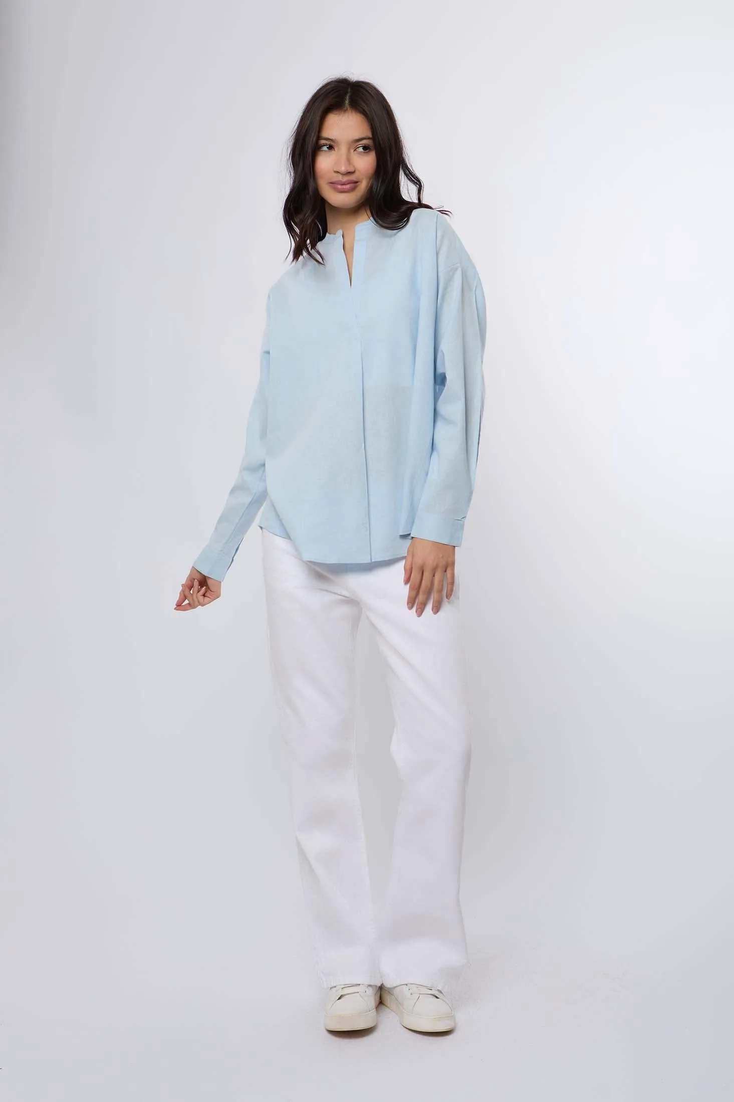 Women Blouse Linen Long Sleeves Blue