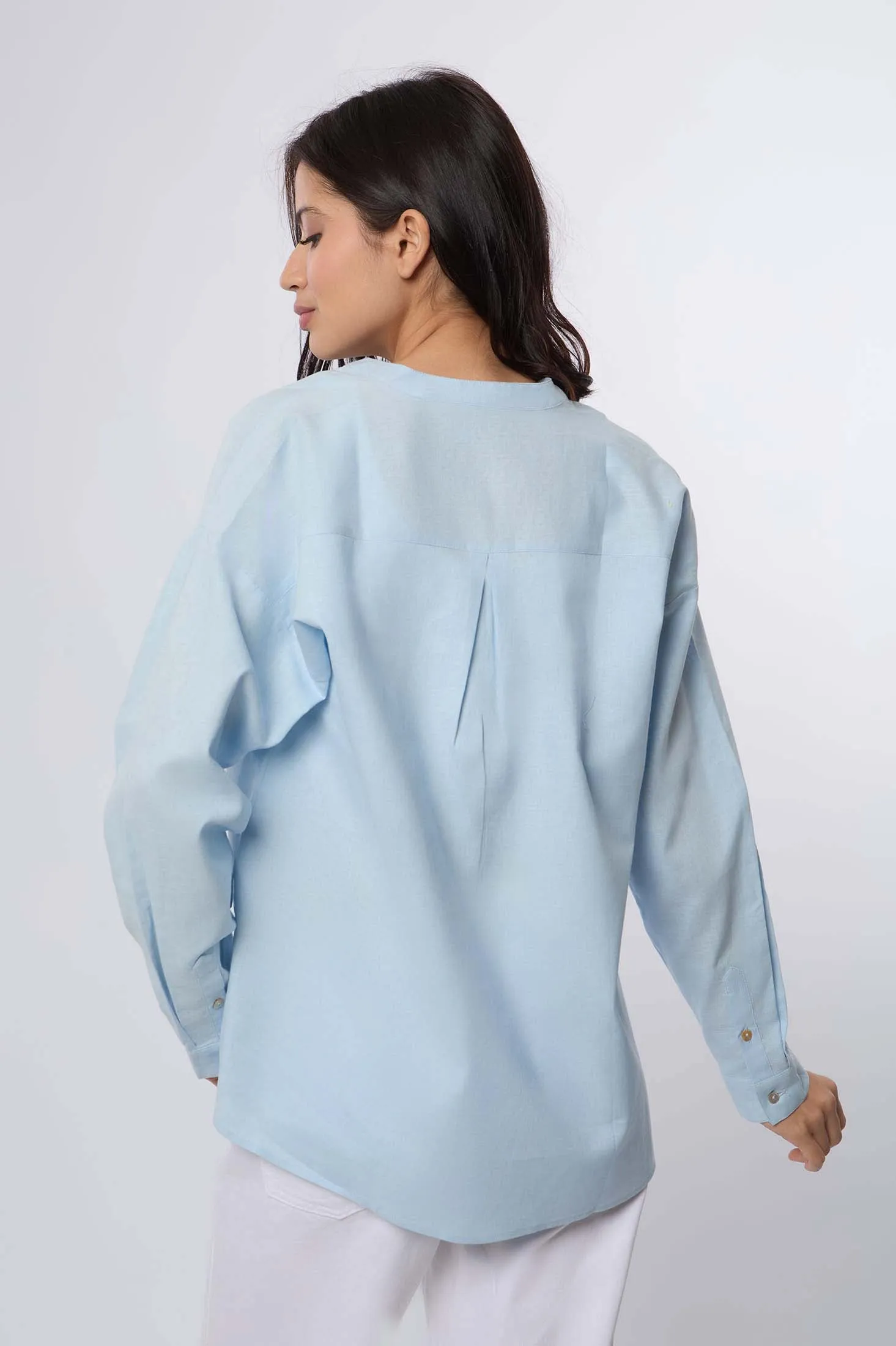 Women Blouse Linen Long Sleeves Blue