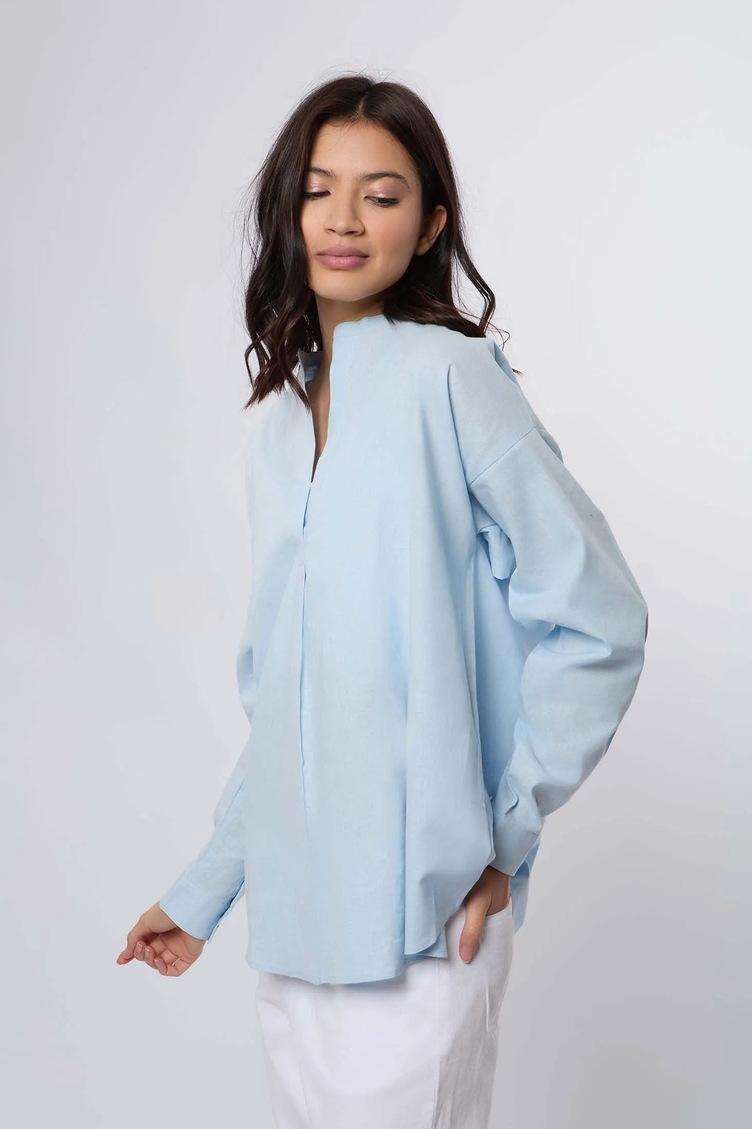 Women Blouse Linen Long Sleeves Blue