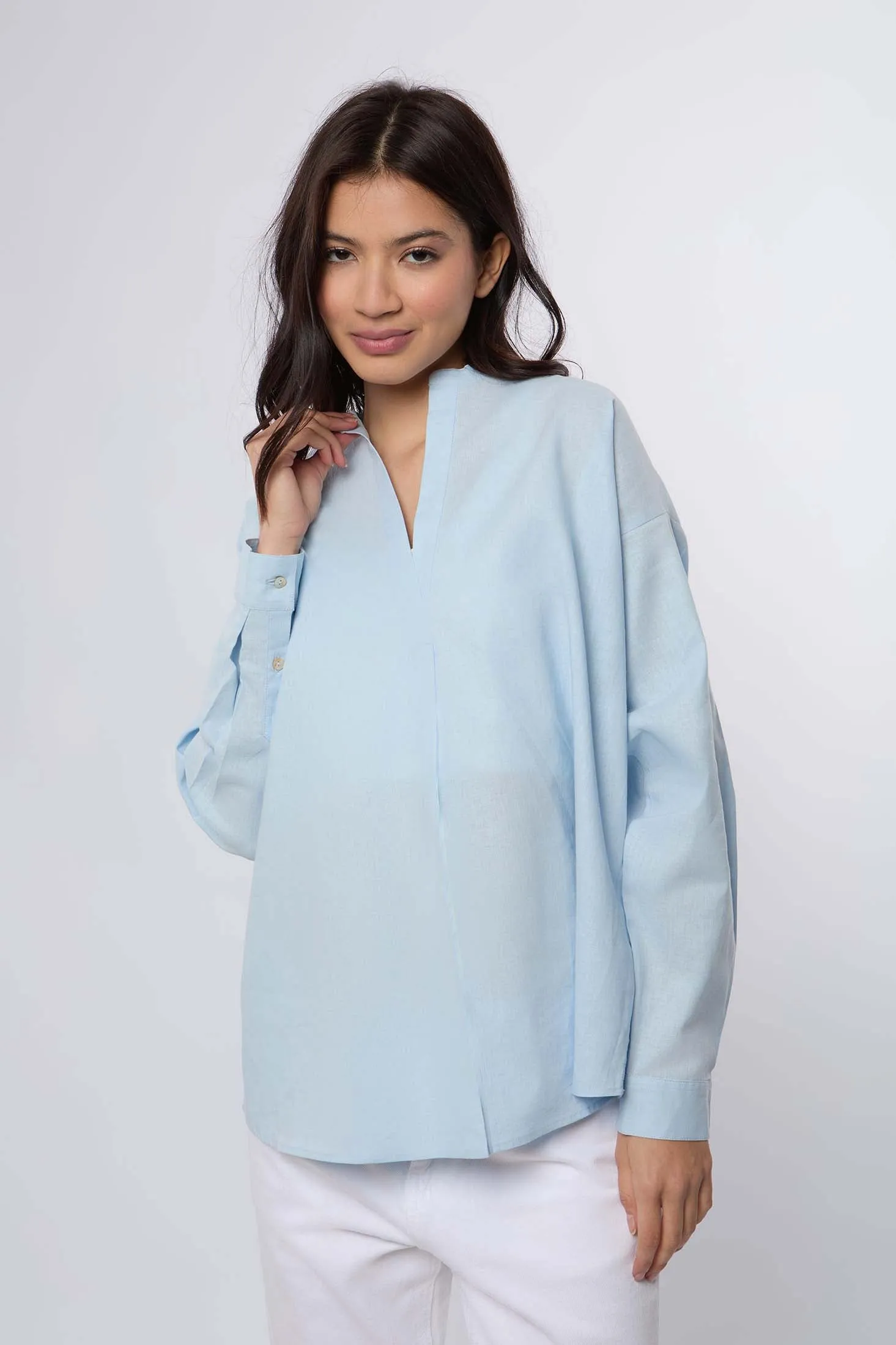 Women Blouse Linen Long Sleeves Blue