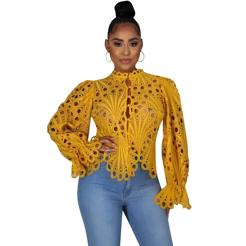 Women's Blouses Shirts Elegant Long Sleeve Hollow Out Mesh Lace Shirt Sheer See Through Top Blouse Clothing Dashiki African For Women 220830