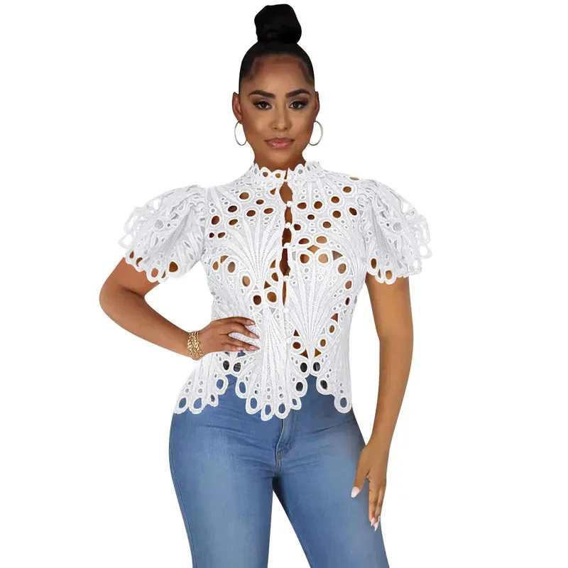 Women's Blouses Shirts Elegant Long Sleeve Hollow Out Mesh Lace Shirt Sheer See Through Top Blouse Clothing Dashiki African For Women 220830