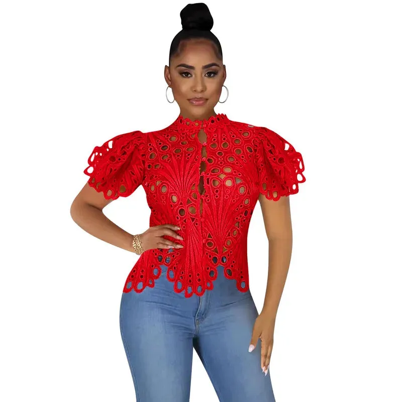 Women's Blouses Shirts Elegant Long Sleeve Hollow Out Mesh Lace Shirt Sheer See Through Top Blouse Clothing Dashiki African For Women 220830