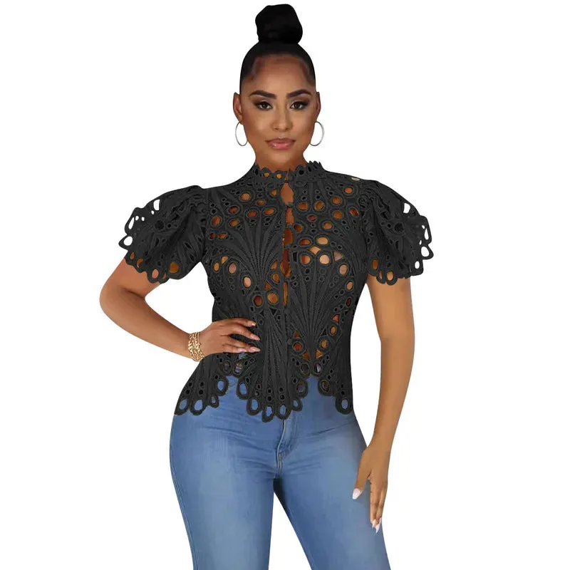 Women's Blouses Shirts Elegant Long Sleeve Hollow Out Mesh Lace Shirt Sheer See Through Top Blouse Clothing Dashiki African For Women 220830