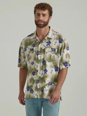 Wrangler Men's Coconut Cowboy Camp Shirt with Hibiscus Flowers on Tan