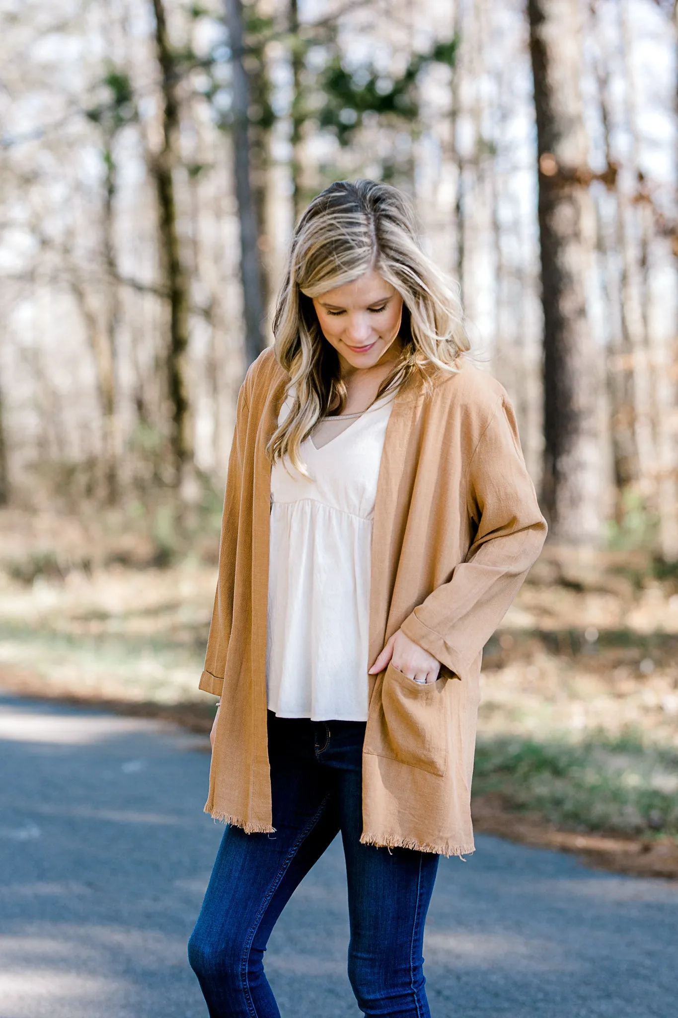 X Fray Hem Lightweight Camel Jacket