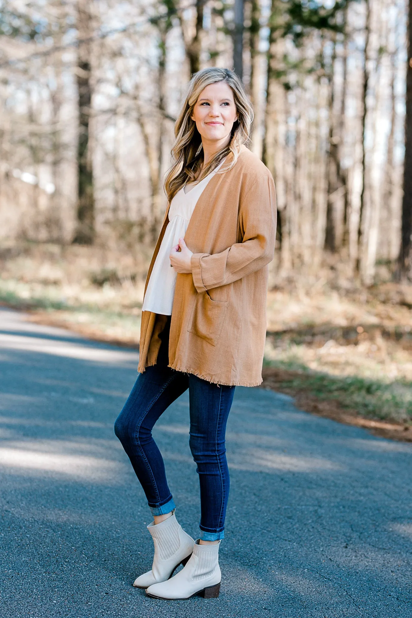 X Fray Hem Lightweight Camel Jacket
