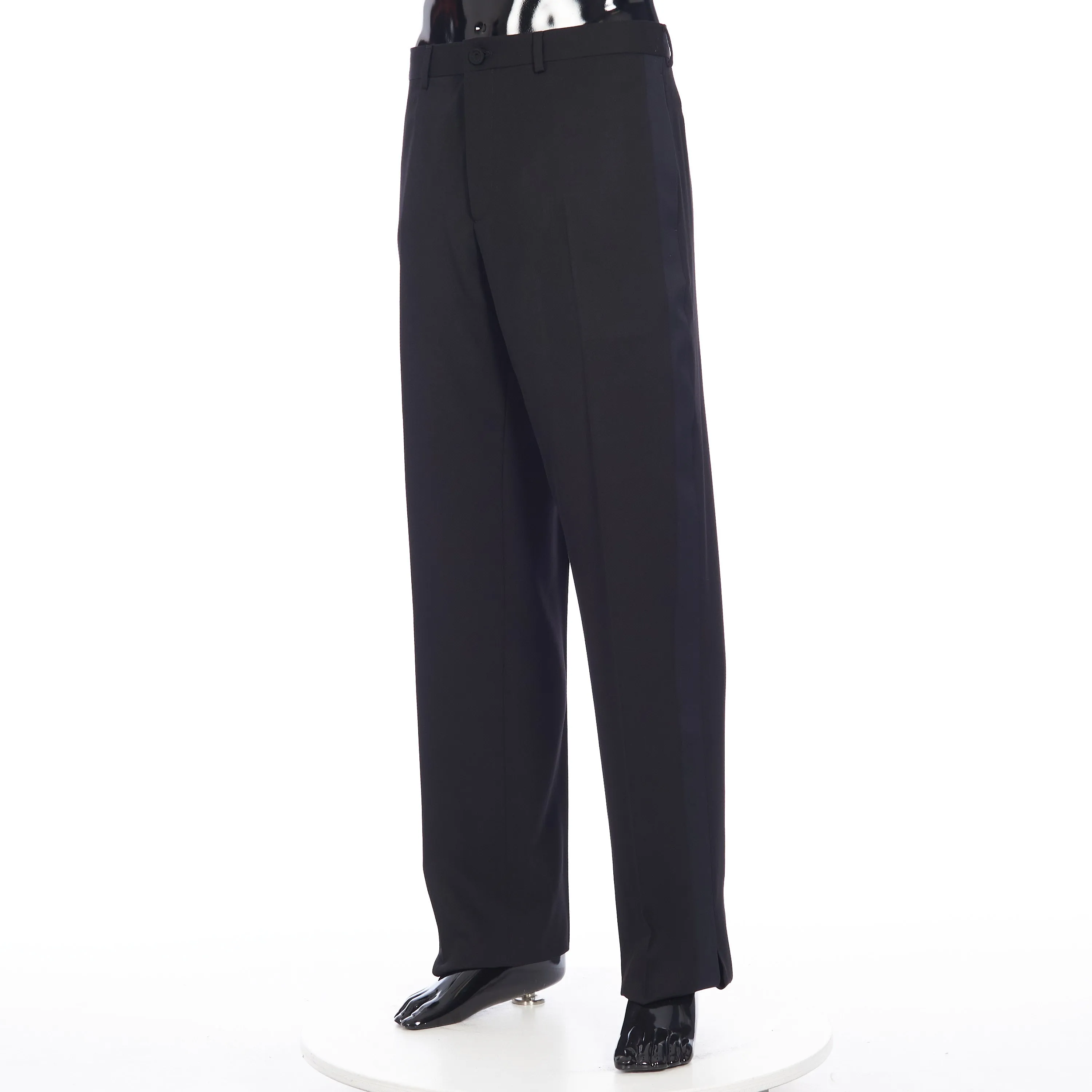 x PETER DOIG Dress Pants In Black Wool Twill With Satin Stripe