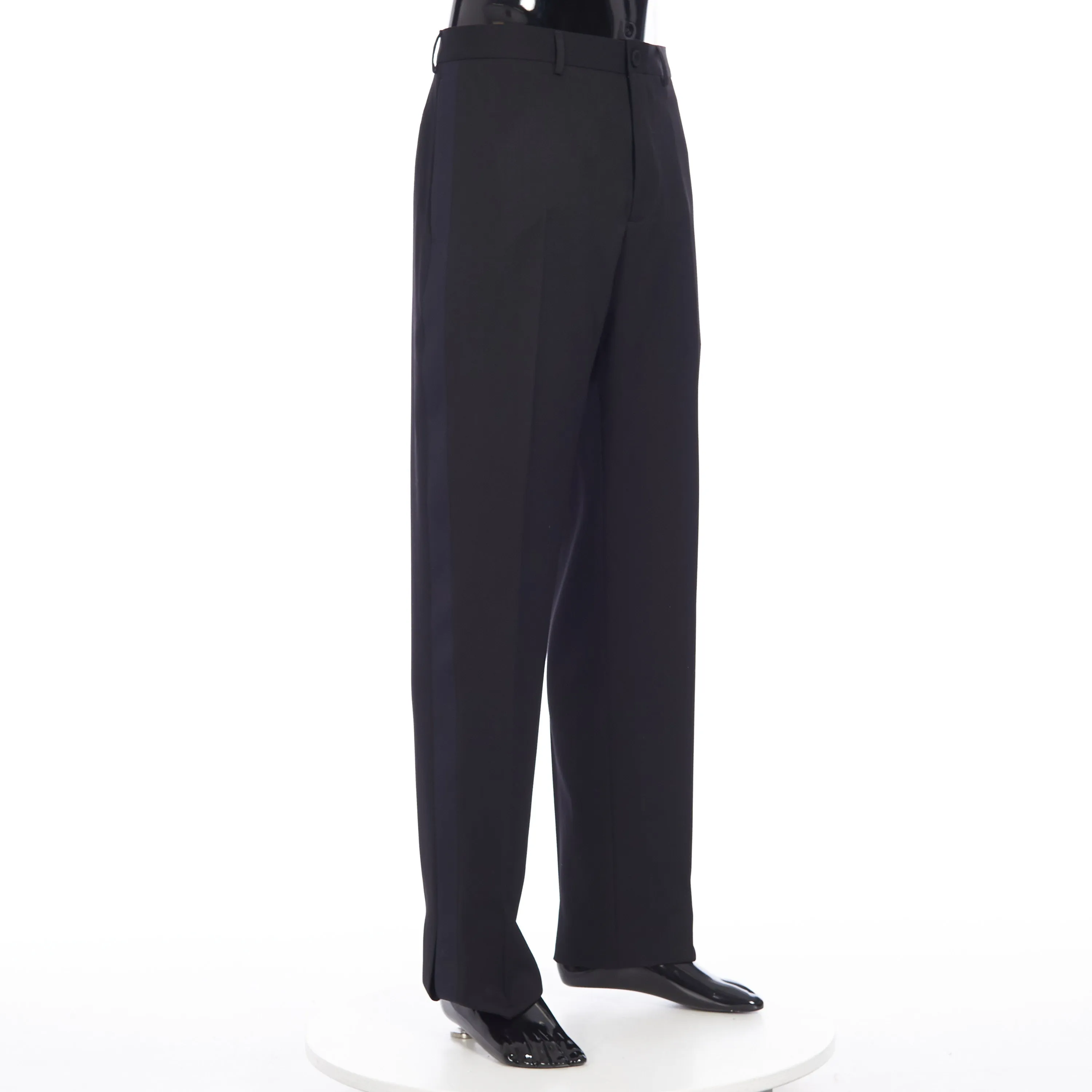 x PETER DOIG Dress Pants In Black Wool Twill With Satin Stripe