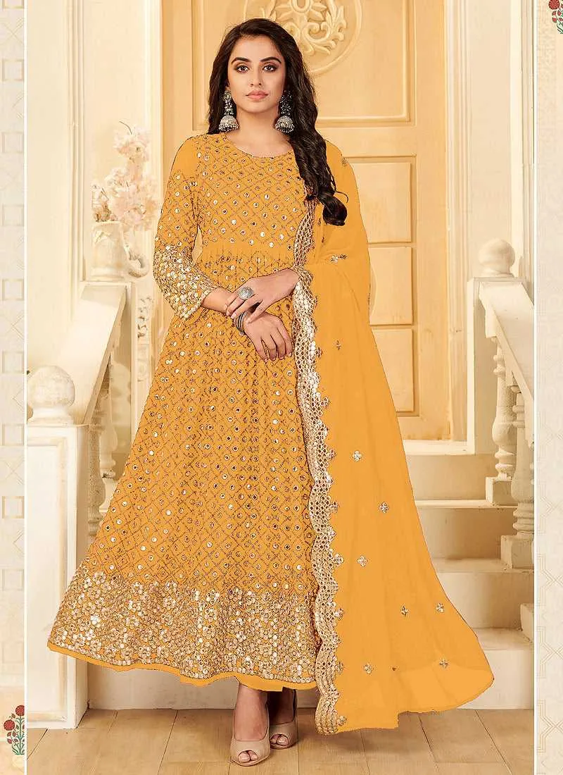 Yellow And Gold Mirror Embroidered Kalidar Gown Style Anarkali