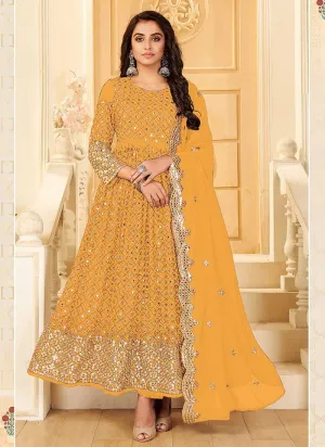 Yellow And Gold Mirror Embroidered Kalidar Gown Style Anarkali
