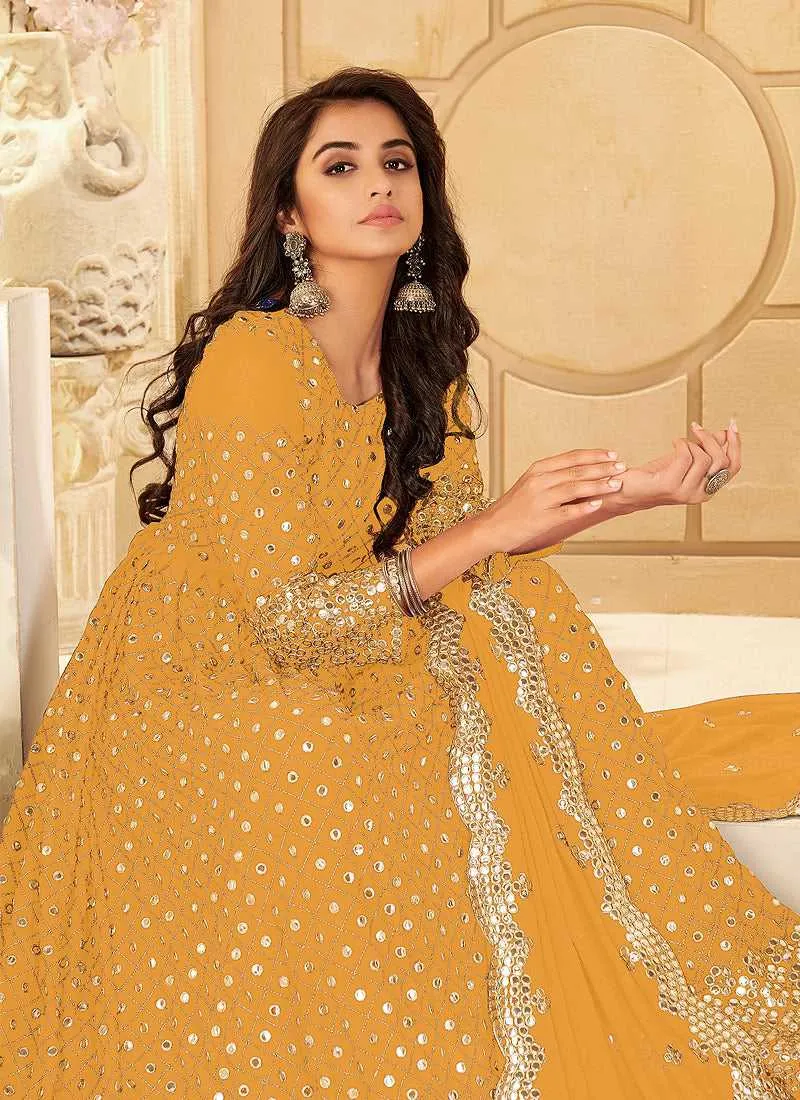 Yellow And Gold Mirror Embroidered Kalidar Gown Style Anarkali