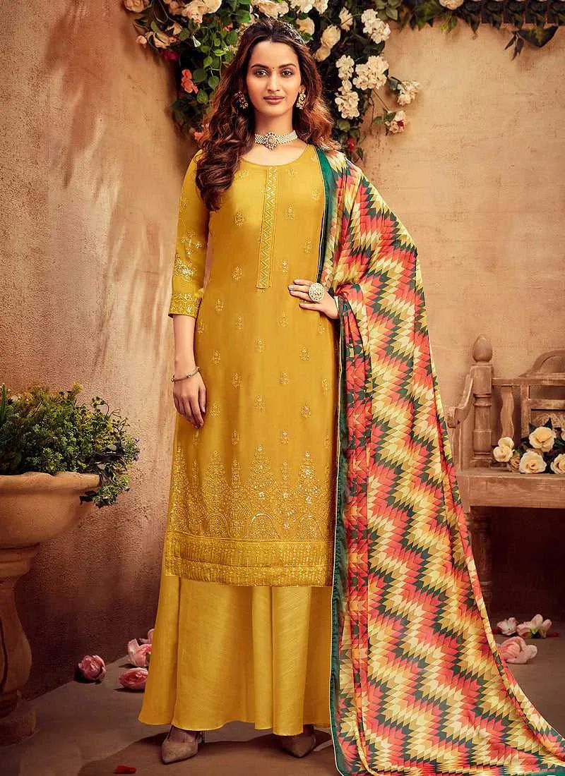 Yellow Embroidered Palazzo Style Suit