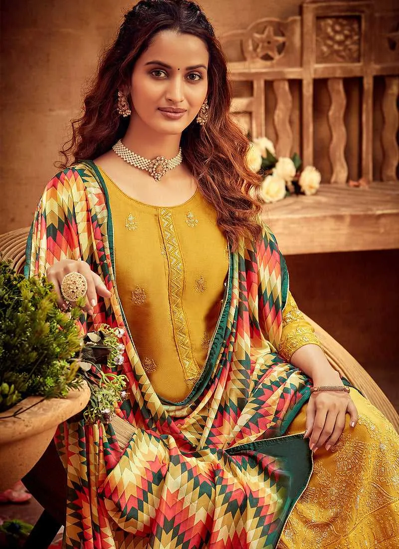 Yellow Embroidered Palazzo Style Suit