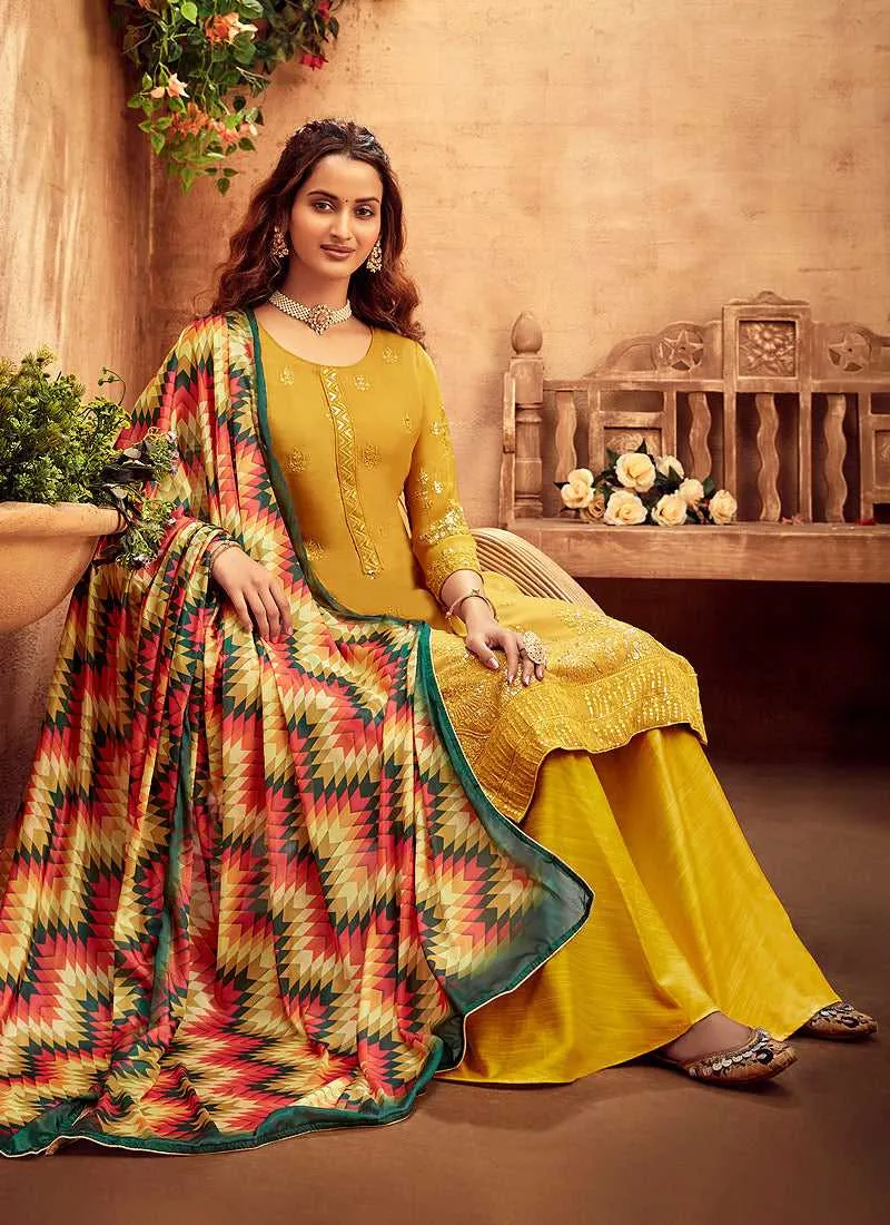 Yellow Embroidered Palazzo Style Suit