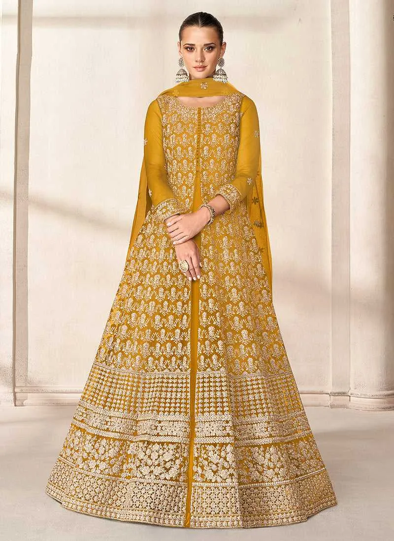 Yellow Heavy Embroidered High Slit Style Anarkali