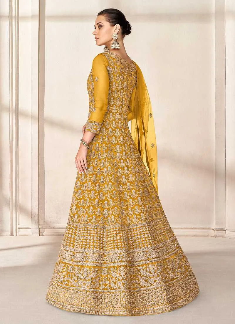 Yellow Heavy Embroidered High Slit Style Anarkali