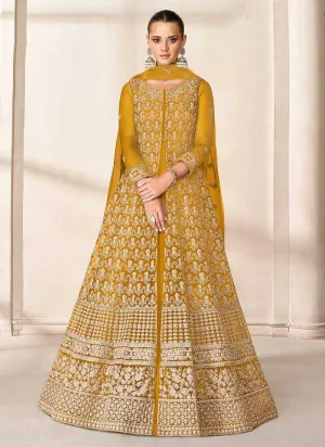 Yellow Heavy Embroidered High Slit Style Anarkali