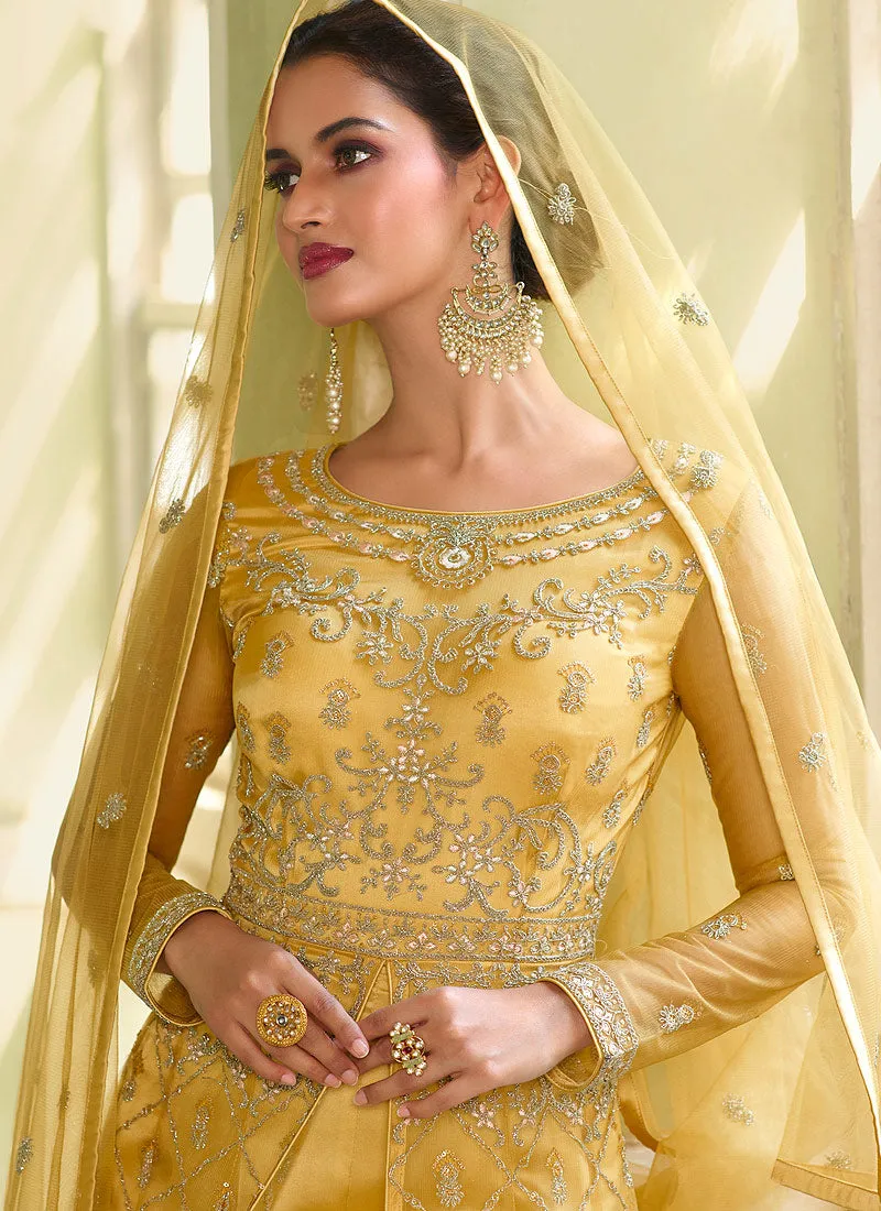 Yellow Heavy Embroidered Slit Style Anarkali