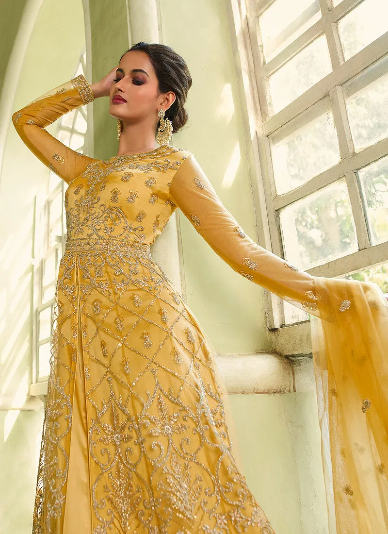 Yellow Heavy Embroidered Slit Style Anarkali