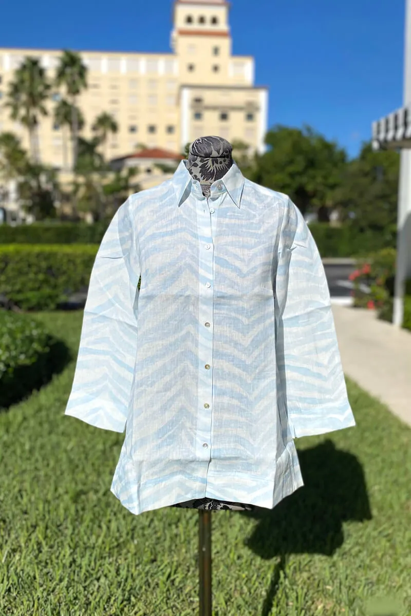 Zebra Print Linen Blouse in Baby Blue
